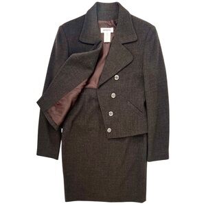 RODIER 2 Piece Set Dark Brown Wool Skirt Suit - Blazer Jacket & Midi Skirt